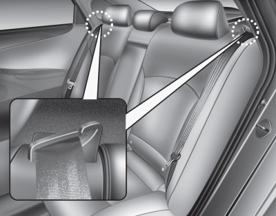 2. Make sure the rear seat belt webbing is in the guide to prevent the seat belt