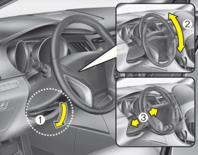 To change the steering wheel angle, pull down the lock release lever (1), adjust