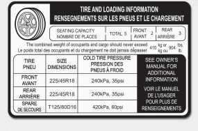 The label located on the driver's door sill gives the original tire size, cold