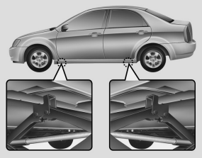 7. Place the jack at the front or rear jacking position closest to the tire you